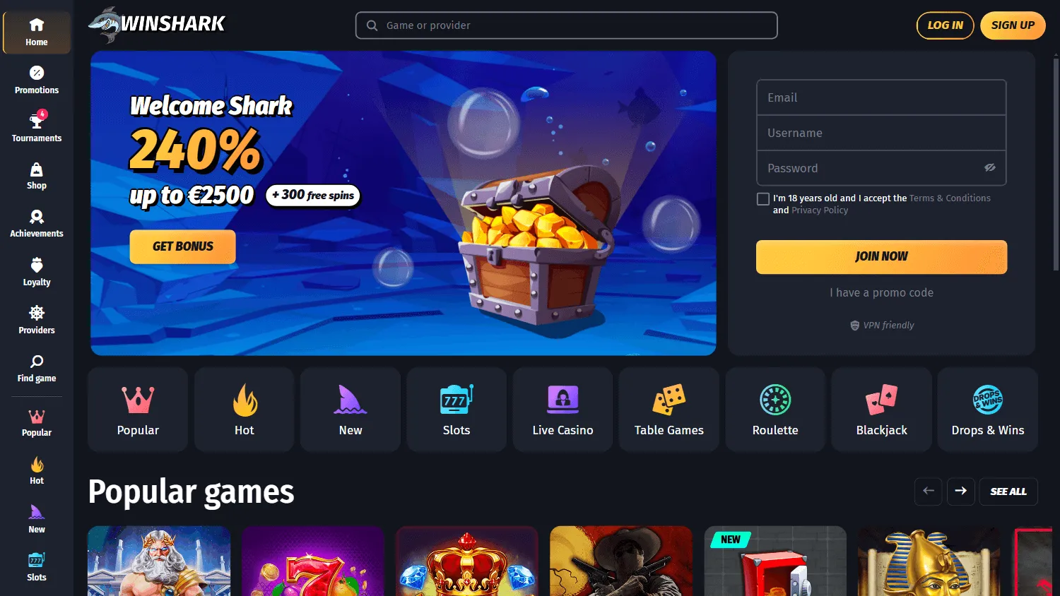 Winshark Casino Startseite Winshark Online Casino Seite